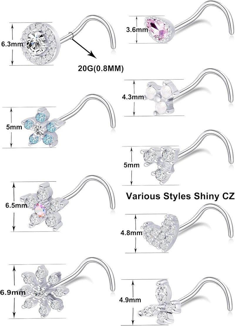 Tornito 9Pcs Nose Rings Stud L Bone Screw Shaped Nose Ring Flower CZ Snowflake Butterfly Screw Nose Stud Body Piercing Jewelry for Women Men 20G Silver Gold Rose Gold Tone - Image 3